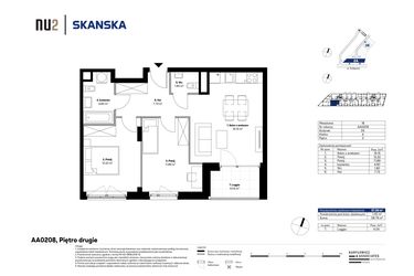 Rzut - Mieszkanie na sprzedaż 3 pokoje o powierzchni 57,39 m² - numer AA0208 w NU2 Warszawa Wola - apartamenty wykończone pod klucz