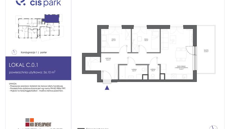 Rzut - Mieszkanie na sprzedaż 3 pokoje o powierzchni 56,1 m² - numer C.0.1 w CIS Park