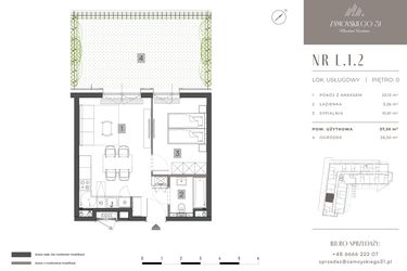 Rzut - Mieszkanie na sprzedaż 2 pokoje o powierzchni 37,3 m² - numer L.1.2 w Zamoyskiego 31