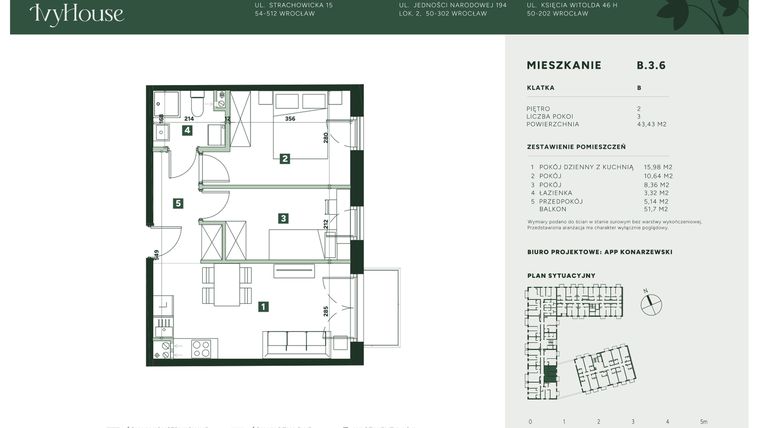 Rzut - Mieszkanie na sprzedaż 3 pokoje o powierzchni 43,43 m² - numer B.3.6 w IVY HOUSE