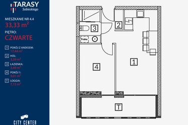 Rzut - Mieszkanie na sprzedaż 2 pokoje o powierzchni 33,33 m² - numer B2.M.4.4 w Tarasy Sobieskiego