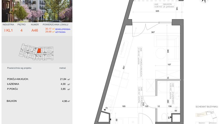 Rzut - Mieszkanie na sprzedaż 1 pokój o powierzchni 29,69 m² - numer I-A46 w Industria etap I-A