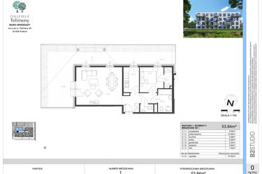 Rzut - Mieszkanie na sprzedaż 2 pokoje o powierzchni 53,84 m² - numer B.1 w Osiedle Telimeny etap III