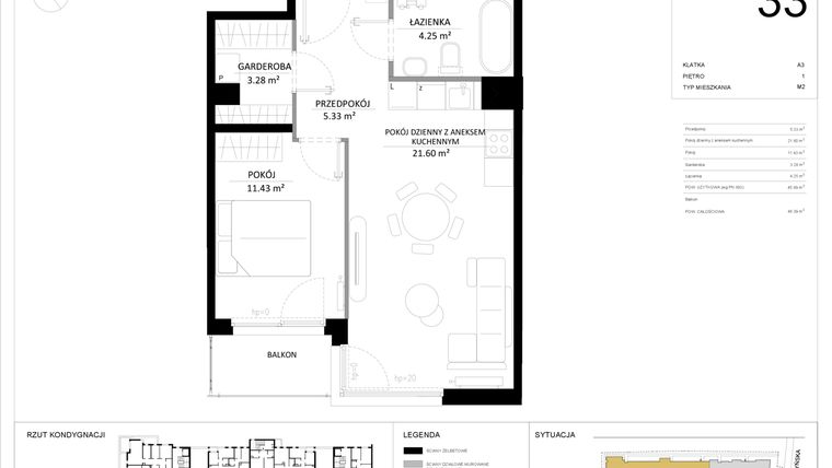 Rzut - Mieszkanie na sprzedaż 2 pokoje o powierzchni 45,89 m² - numer 33 w SILO