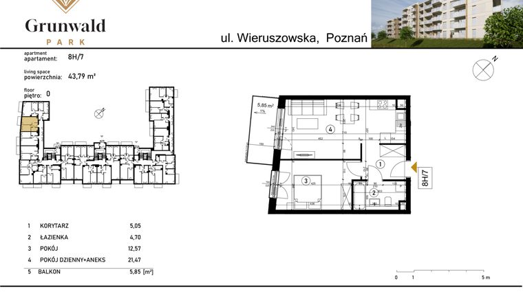 Rzut - Mieszkanie na sprzedaż 2 pokoje o powierzchni 43,79 m² - numer 8 H/7 w Grunwald Park