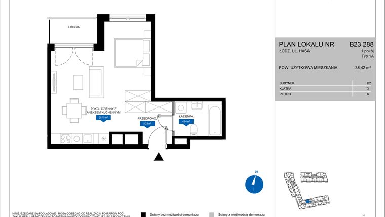 Rzut - Mieszkanie na sprzedaż 1 pokój o powierzchni 38,42 m² - numer B23 288 w Flow - bud. B2 A i bud. B2 B