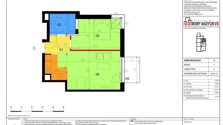 Rzut - Mieszkanie na sprzedaż 2 pokoje o powierzchni 43,81 m² - numer 34 w Apartamenty Nowy Marysin VII