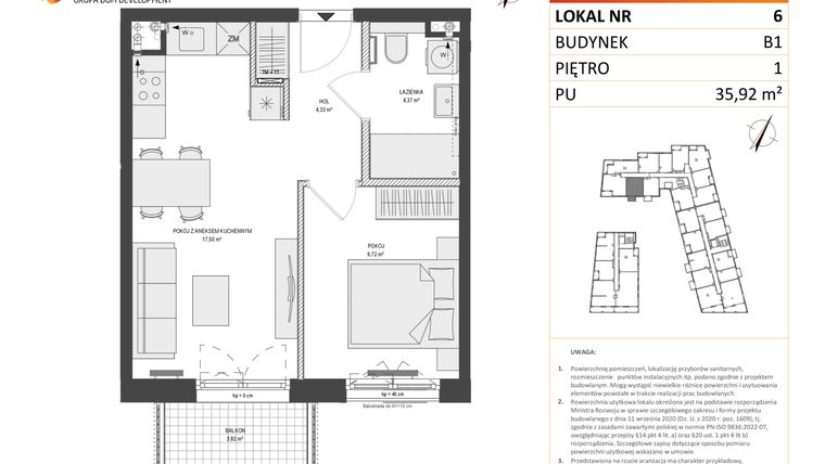Rzut - Mieszkanie na sprzedaż 2 pokoje o powierzchni 35,92 m² - numer B1.6 w Zajezdnia Motława