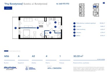 Rzut - Mieszkanie na sprzedaż 1 pokój o powierzchni 50,33 m² - numer 56A w Przy Bursztynowej