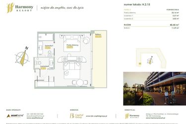 Rzut - Mieszkanie na sprzedaż 1 pokój o powierzchni 40,45 m² - numer H.2.15 w Harmony Resort