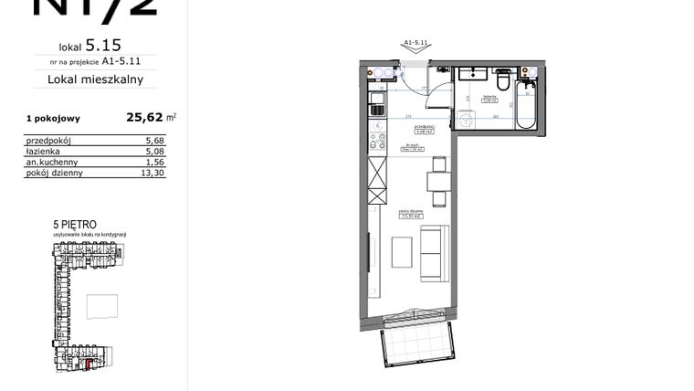 Rzut - Mieszkanie na sprzedaż 1 pokój o powierzchni 25,62 m² - numer 05.15 w Naramowicka 172