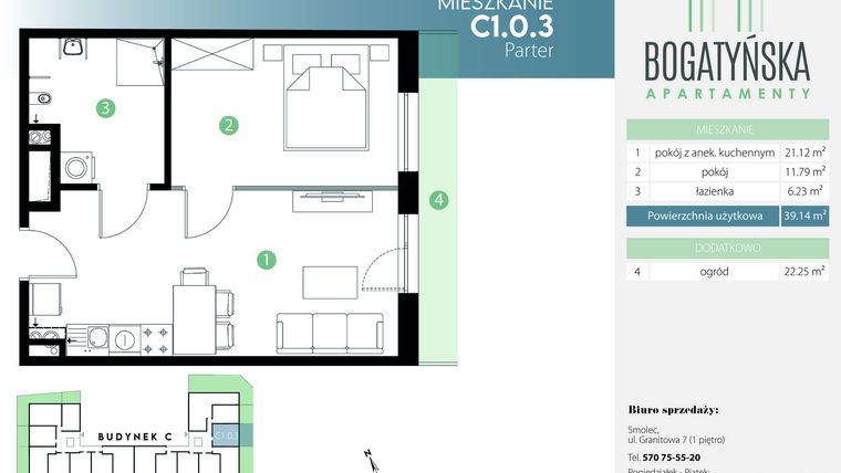 Rzut - Mieszkanie na sprzedaż 2 pokoje o powierzchni 39,14 m² - numer C1.0.3 w Bogatyńska Apartamenty etap 3