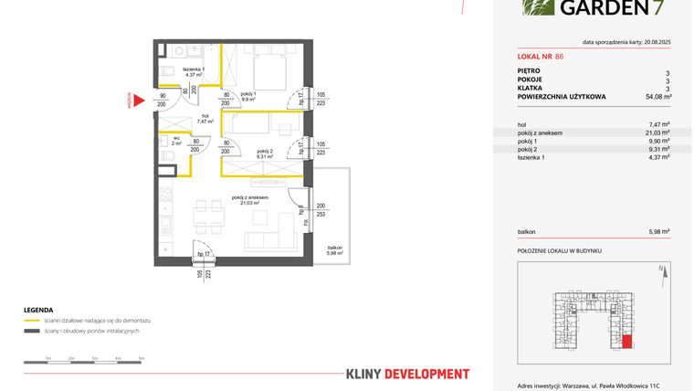 Rzut - Mieszkanie na sprzedaż 3 pokoje o powierzchni 54,08 m² - numer 86 w Nova Viva Garden 7