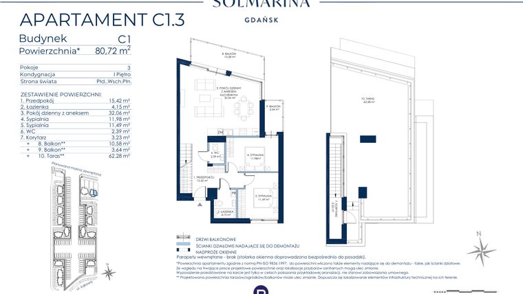 Rzut - Mieszkanie na sprzedaż 3 pokoje o powierzchni 80,72 m² - numer C1.3 w Sol Marina etap III