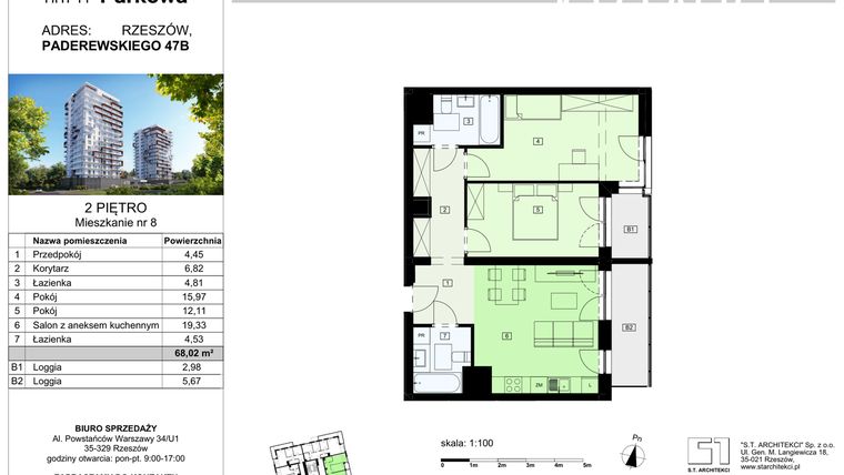 Rzut - Mieszkanie na sprzedaż 3 pokoje o powierzchni 68,02 m² - numer 8/B7 w Dzielnica Parkowa VII