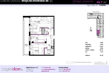 Rzut - Mieszkanie na sprzedaż 3 pokoje o powierzchni 60,7 m² - numer 45 w Wojciechowska Square
