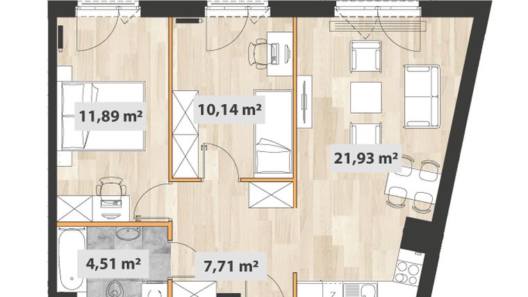 Rzut - Mieszkanie na sprzedaż 3 pokoje o powierzchni 57,54 m² - numer B.03.02 w Na Okrzei