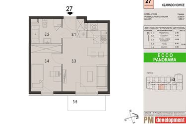 Rzut - Mieszkanie na sprzedaż 2 pokoje o powierzchni 33,68 m² - numer 27C w Ecco Panorama etap II budynki C, D