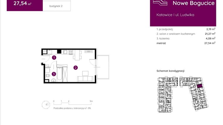 Rzut - Mieszkanie na sprzedaż 1 pokój o powierzchni 27,54 m² - numer 2.B.1.03 w Murapol Nowe Bogucice