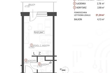 Rzut - Mieszkanie na sprzedaż 1 pokój o powierzchni 21,24 m² - numer 107 w Wróblewskiego 1