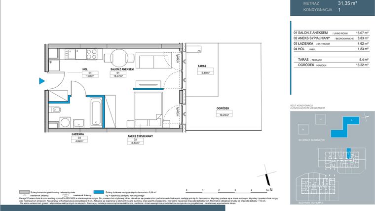 Rzut - Mieszkanie na sprzedaż 1 pokój o powierzchni 31,35 m² - numer L2.1.06 w Nordic Bemowo - etap III