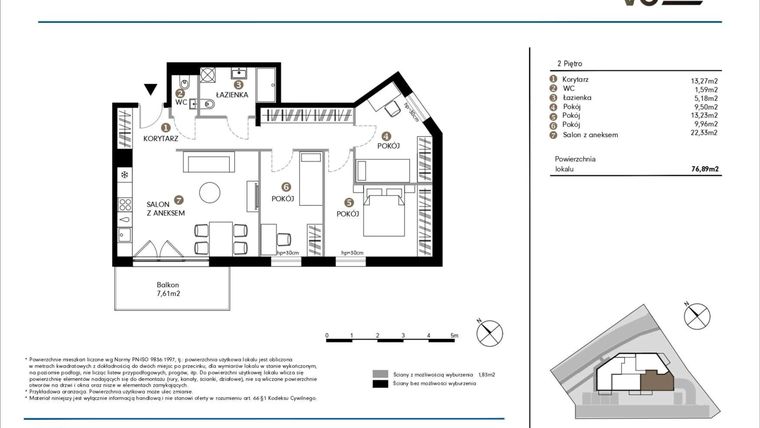 Rzut - Mieszkanie na sprzedaż 4 pokoje o powierzchni 76,89 m² - numer 2.2-M4 w NOVO 30