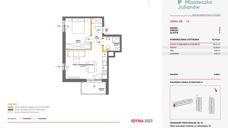 Rzut - Mieszkanie na sprzedaż 2 pokoje o powierzchni 43,32 m² - numer 13 w Miasteczko Julianów