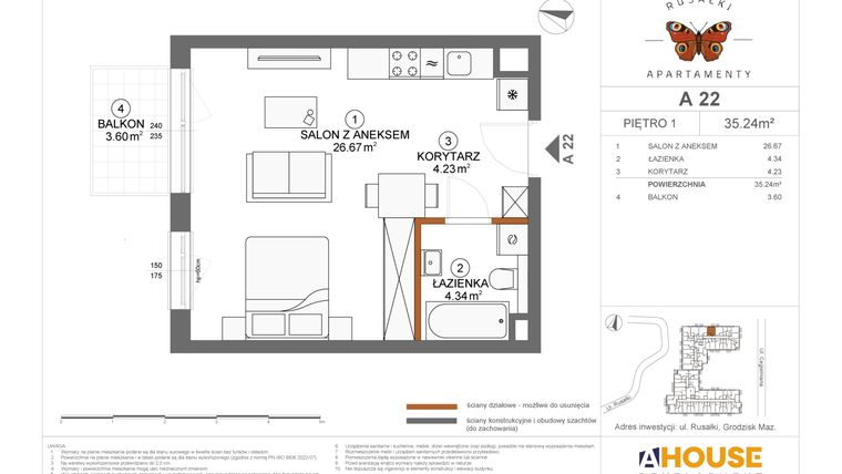 Rzut - Mieszkanie na sprzedaż 1 pokój o powierzchni 35,24 m² - numer A22 w Apartamenty Rusałki