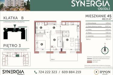 Rzut - Mieszkanie na sprzedaż 3 pokoje o powierzchni 48,13 m² - numer M45 w SYNERGIA