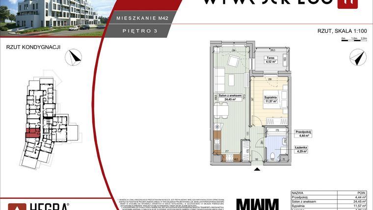 Rzut - Mieszkanie na sprzedaż 2 pokoje o powierzchni 44,75 m² - numer M42 w Apartamenty Wywrockiego 11