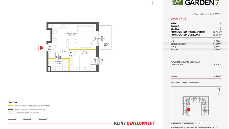 Rzut - Mieszkanie na sprzedaż 2 pokoje o powierzchni 36,1 m² - numer 22 w Nova Viva Garden 7