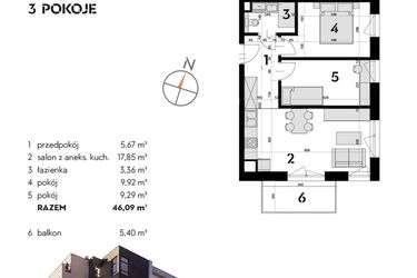 Rzut - Mieszkanie na sprzedaż 3 pokoje o powierzchni 46,09 m² - numer OK-29 w OKI DOKI