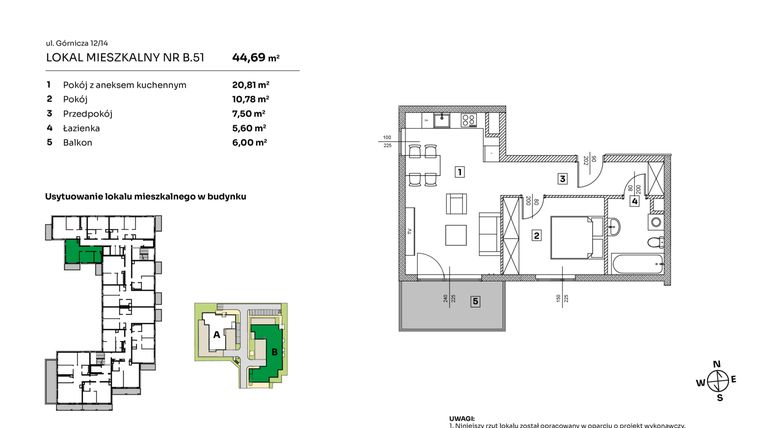 Rzut - Mieszkanie na sprzedaż 2 pokoje o powierzchni 44,69 m² - numer B.51 w Parkove Love