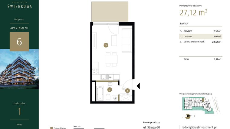 Rzut - Mieszkanie na sprzedaż 1 pokój o powierzchni 27,12 m² - numer 6 w Rezydencja Świerkowa