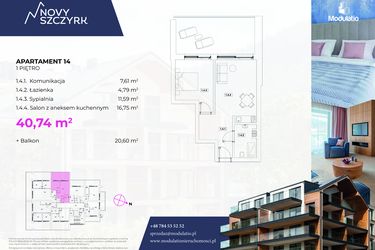 Rzut - Mieszkanie na sprzedaż 2 pokoje o powierzchni 40,74 m² - numer 14 w Novy Szczyrk