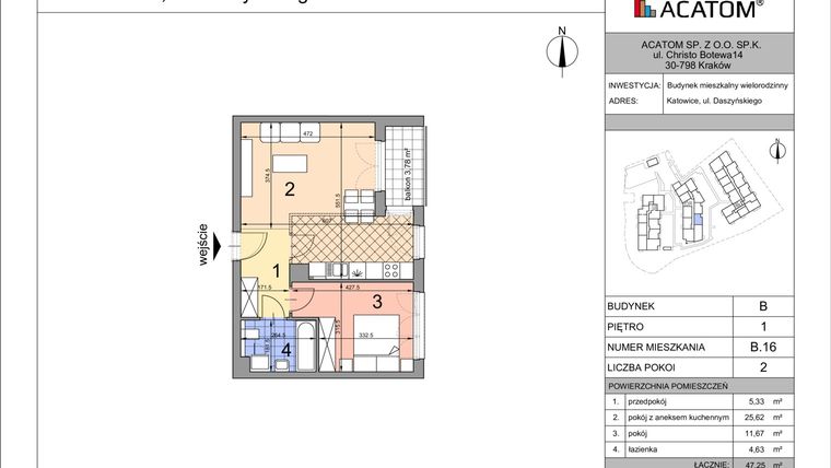 Rzut - Mieszkanie na sprzedaż 2 pokoje o powierzchni 47,09 m² - numer B16 w Daszyńskiego Park