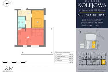 Rzut - Mieszkanie na sprzedaż 2 pokoje o powierzchni 41,29 m² - numer A.15 w Osiedle Kolejowa