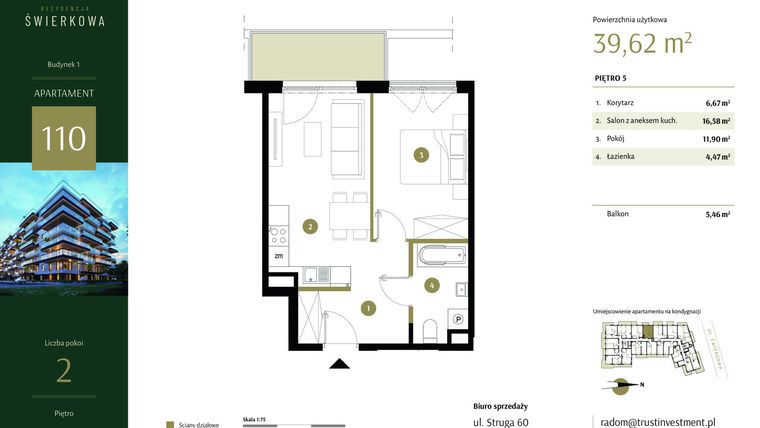 Rzut - Mieszkanie na sprzedaż 2 pokoje o powierzchni 39,62 m² - numer 110 w Rezydencja Świerkowa