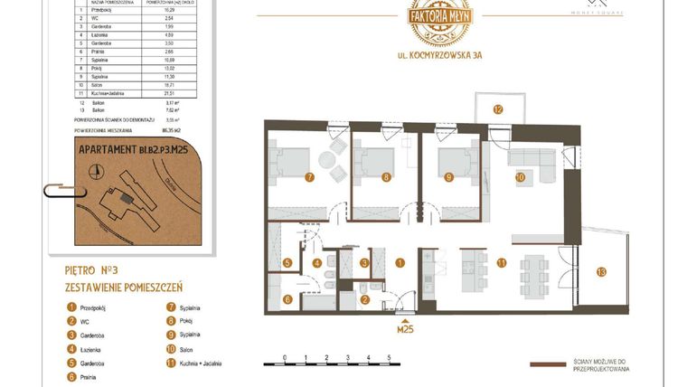 Rzut - Mieszkanie na sprzedaż 4 pokoje o powierzchni 116,35 m² - numer B1.B2.P3.M25 w Faktoria Młyn