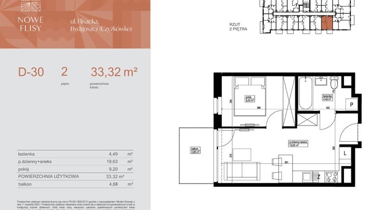 Rzut - Mieszkanie na sprzedaż 2 pokoje o powierzchni 33,32 m² - numer M30_NF.d w Nowe Flisy II