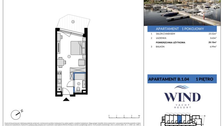Rzut - Mieszkanie na sprzedaż 1 pokój o powierzchni 29,15 m² - numer B.1.04 w Radisson Marina