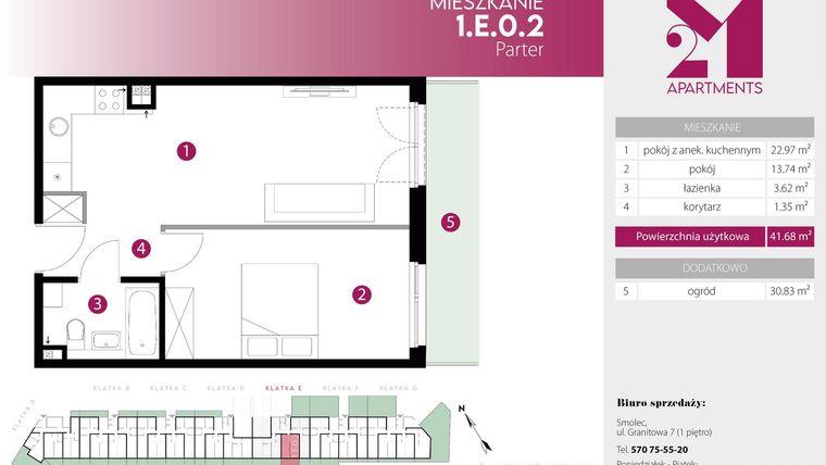Rzut - Mieszkanie na sprzedaż 2 pokoje o powierzchni 41,68 m² - numer 1.E.0.2 w 2M Apartments etap IV