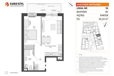 Rzut - Mieszkanie na sprzedaż 2 pokoje o powierzchni 43,14 m² - numer B1.52 w Zajezdnia Motława
