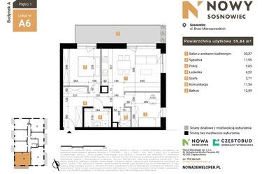 Rzut - Mieszkanie na sprzedaż 3 pokoje o powierzchni 59,84 m² - numer 6 w Nowy Sosnowiec
