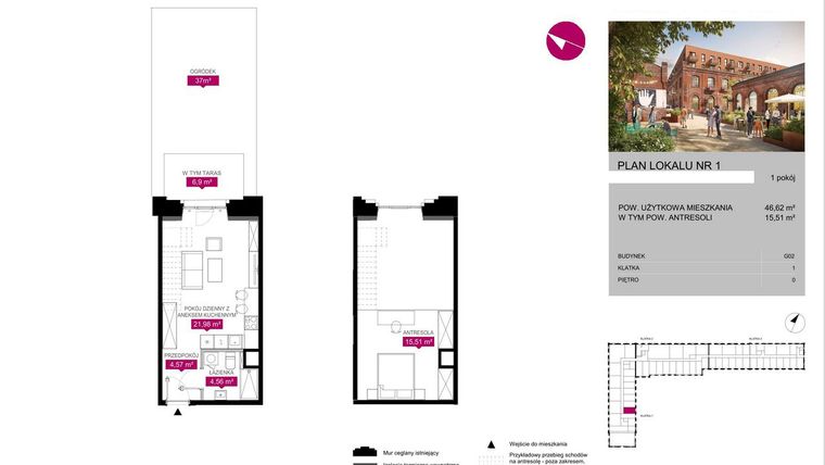 Rzut - Mieszkanie na sprzedaż 1 pokój o powierzchni 46,62 m² - numer G2.1 w Fuzja Lofty