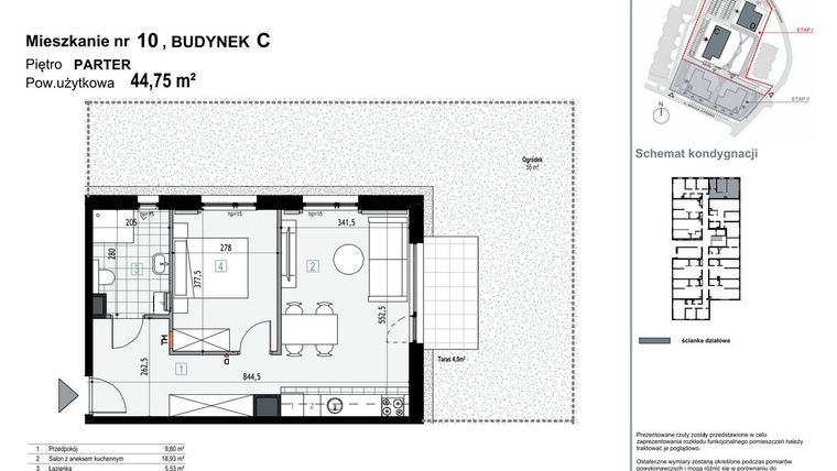 Rzut - Mieszkanie na sprzedaż 2 pokoje o powierzchni 44,75 m² - numer C10 w Apartamenty Kopernika