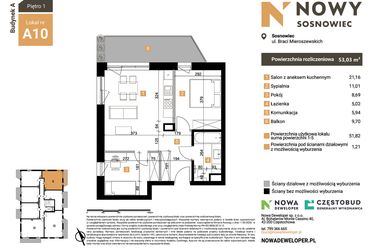 Rzut - Mieszkanie na sprzedaż 3 pokoje o powierzchni 53,03 m² - numer A10 w Nowy Sosnowiec
