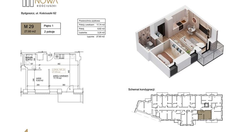 Rzut - Mieszkanie na sprzedaż 2 pokoje o powierzchni 27,6 m² - numer 29 w Nowa Kościuszki