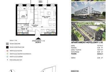 Rzut - Mieszkanie na sprzedaż 2 pokoje o powierzchni 38,5 m² - numer 1.18 w Apartamentowiec Zwycięska 3 - inwestycyjne