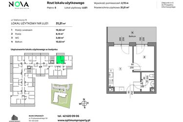 Rzut - Mieszkanie na sprzedaż 2 pokoje o powierzchni 31,21 m² - numer L.U. 21 w Nova Radiostacja - apartamenty inwestycyjne